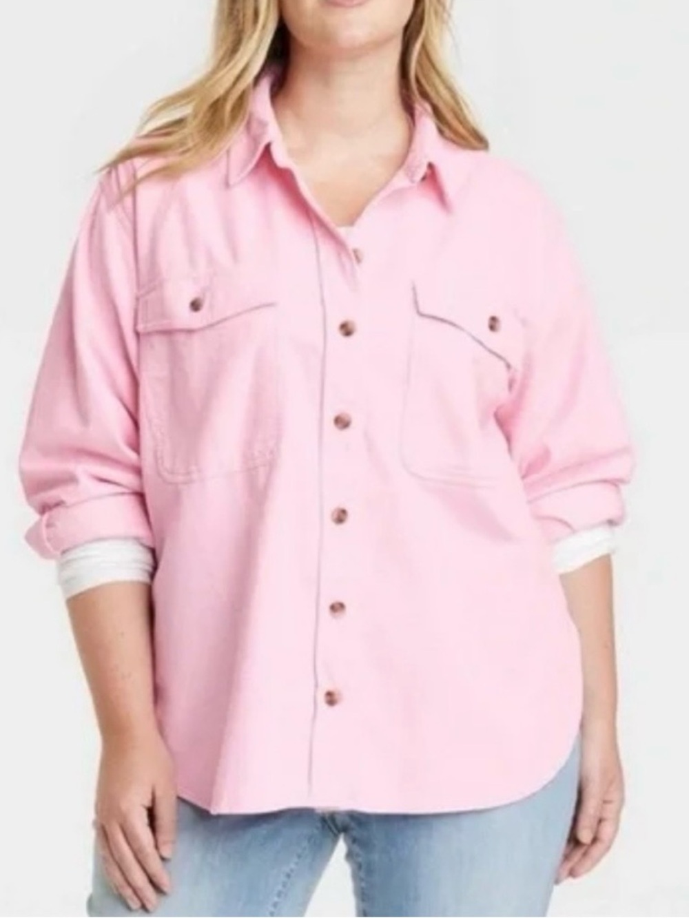 Universal Thread Women's Pink Button Down Corduroy Oversized Shirt Size L Cotton